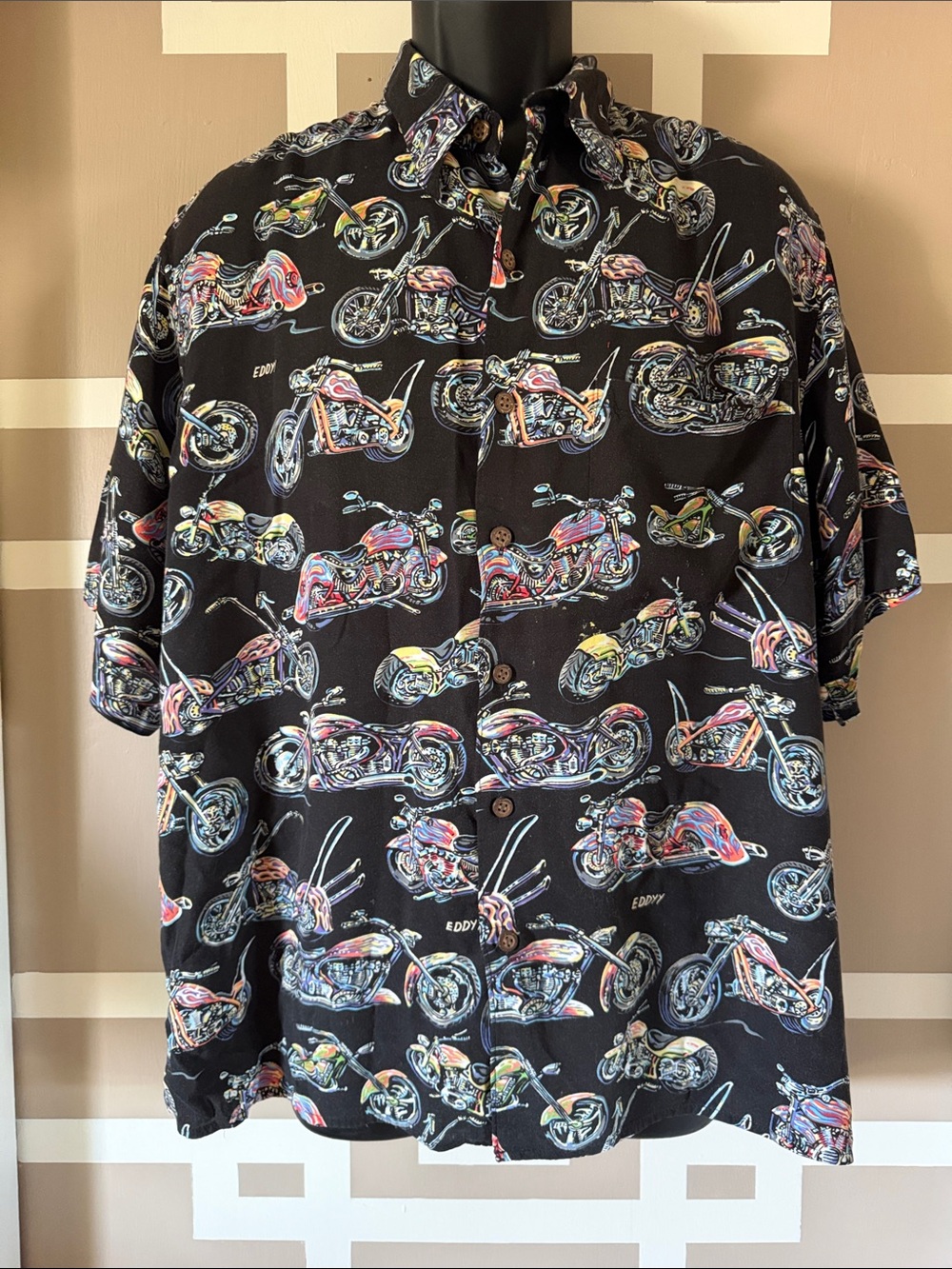 Vtg Reyn Spooner Art of Eddy Y Motorcycle Hawaiian Shirt, Sz L EXC CONDITION